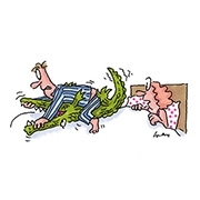 Comic Mann kämpft neben Frau im Bett mit Krokodil