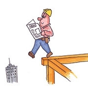 Comic Bauarbeiter geht auf Gerüst spazieren, liest dabei eine Zeitung und steht einen Schritt vor dem Abgrund