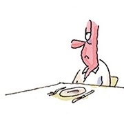 Comic Mann sitzt antriebslos beim Essen vor leerem Teller