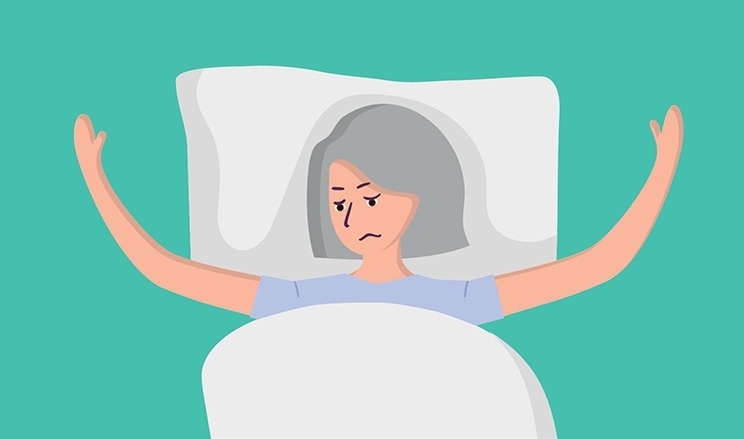 Illustration einer älteren Dame, die unruhig im Bett liegt