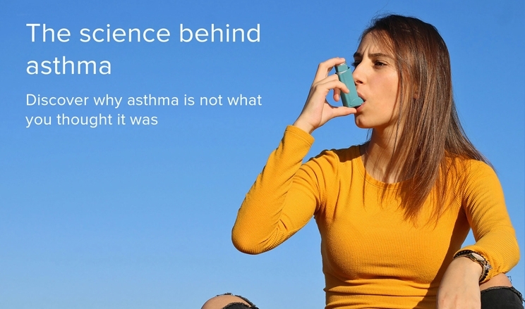 Junge Frau mit Inhalator, "The science behind asthma"-Text